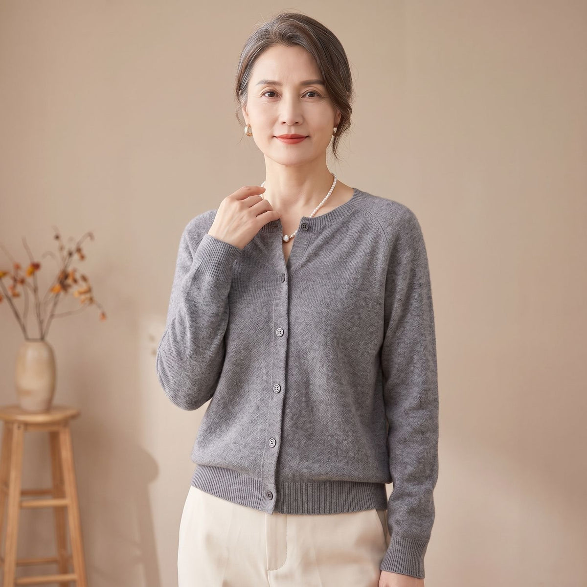 Women's Pure Merino Wool Button-Front Knit Cardigan - Gray