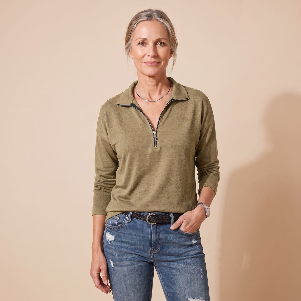 Women's Quarter-Zip Collared Long-Sleeve Pullover Top - Khaki