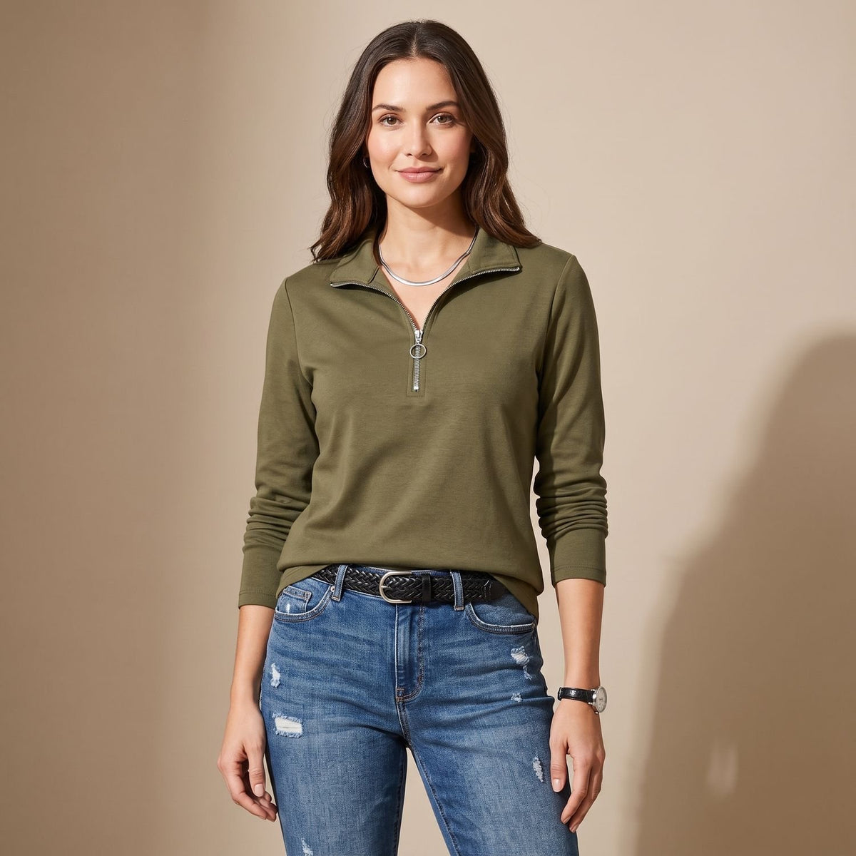 Women's Quarter-Zip Collared Long-Sleeve Pullover Top - Army Green