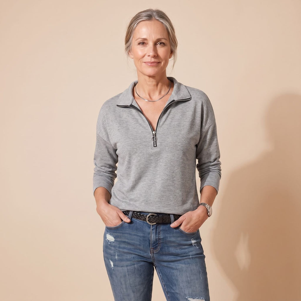 Women's Quarter-Zip Collared Long-Sleeve Pullover Top - Space Gray