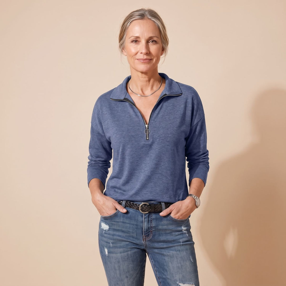 Women's Quarter-Zip Collared Long-Sleeve Pullover Top - Sea Blue