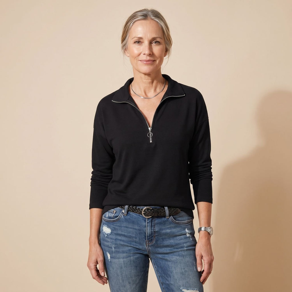 Women's Quarter-Zip Collared Long-Sleeve Pullover Top - Black