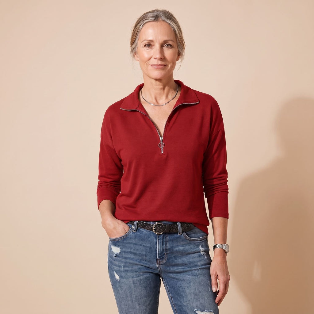 Women's Quarter-Zip Collared Long-Sleeve Pullover Top - Burgundy