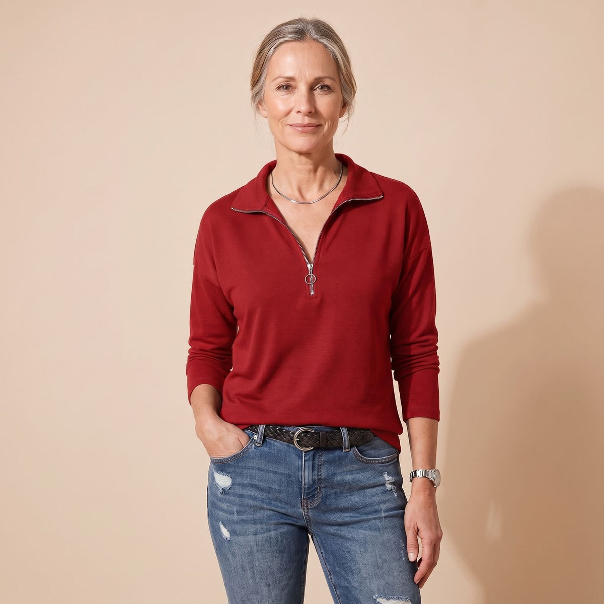 Women's Quarter-Zip Collared Long-Sleeve Pullover Top - Burgundy
