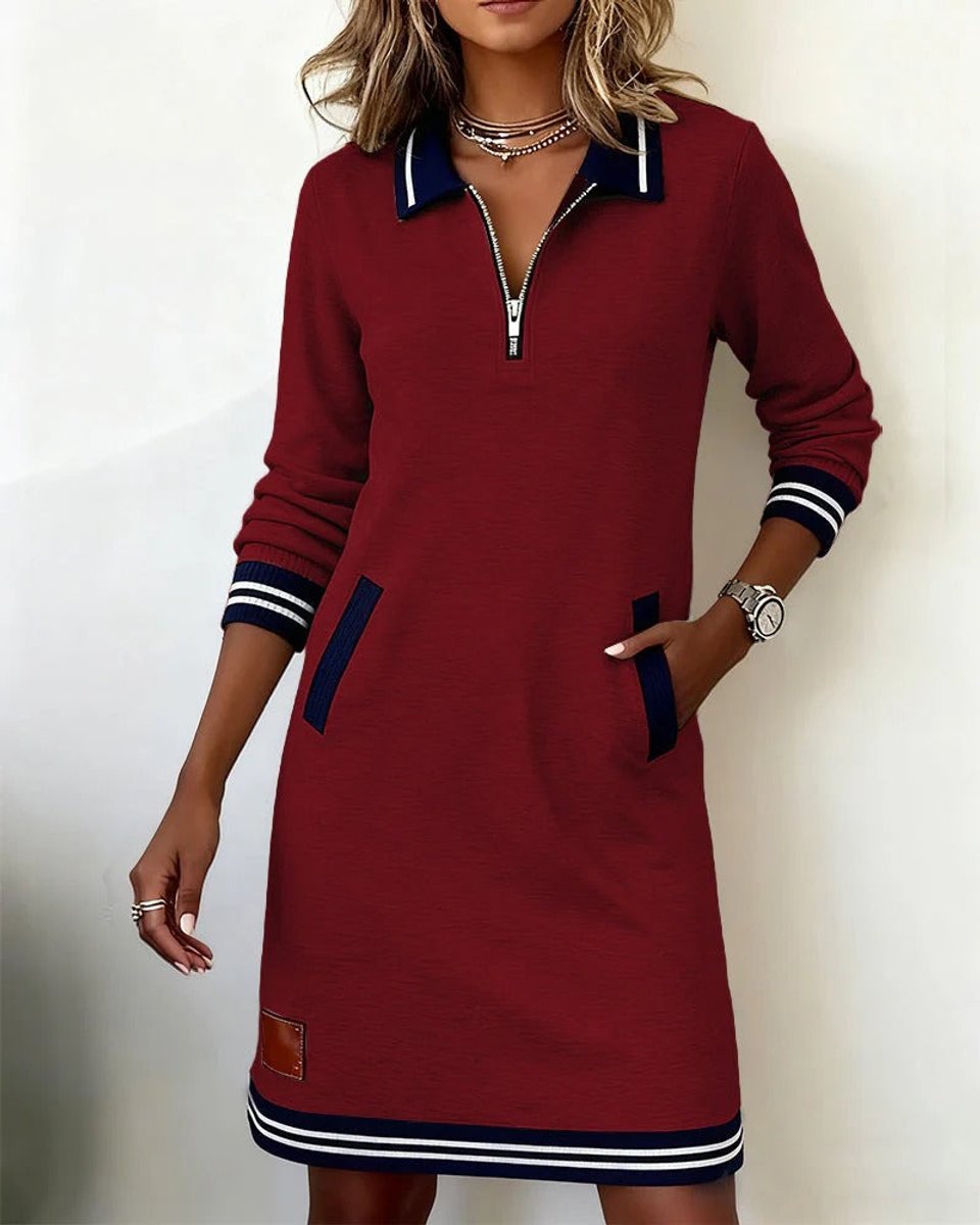 Women's Quarter-Zip Polo Sweater Midi Dress Long Sleeve