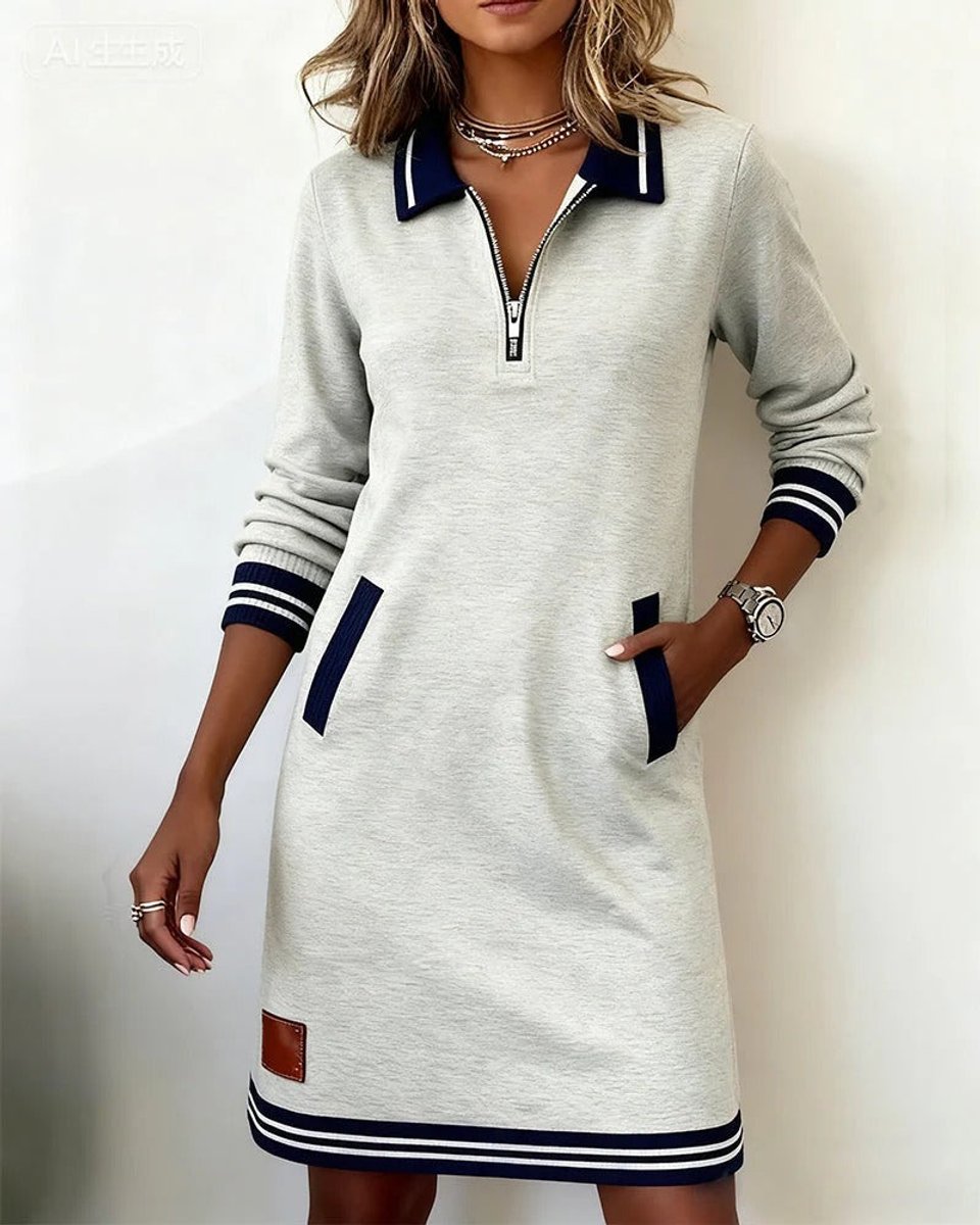 Women's Quarter-Zip Polo Sweater Midi Dress Long Sleeve - Gray
