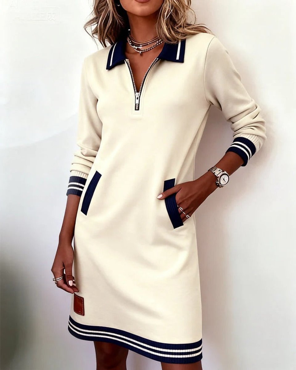 Women's Quarter-Zip Polo Sweater Midi Dress Long Sleeve - White