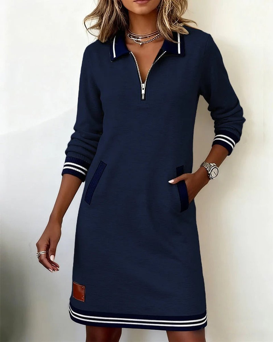 Women's Quarter-Zip Polo Sweater Midi Dress Long Sleeve - Navy Blue