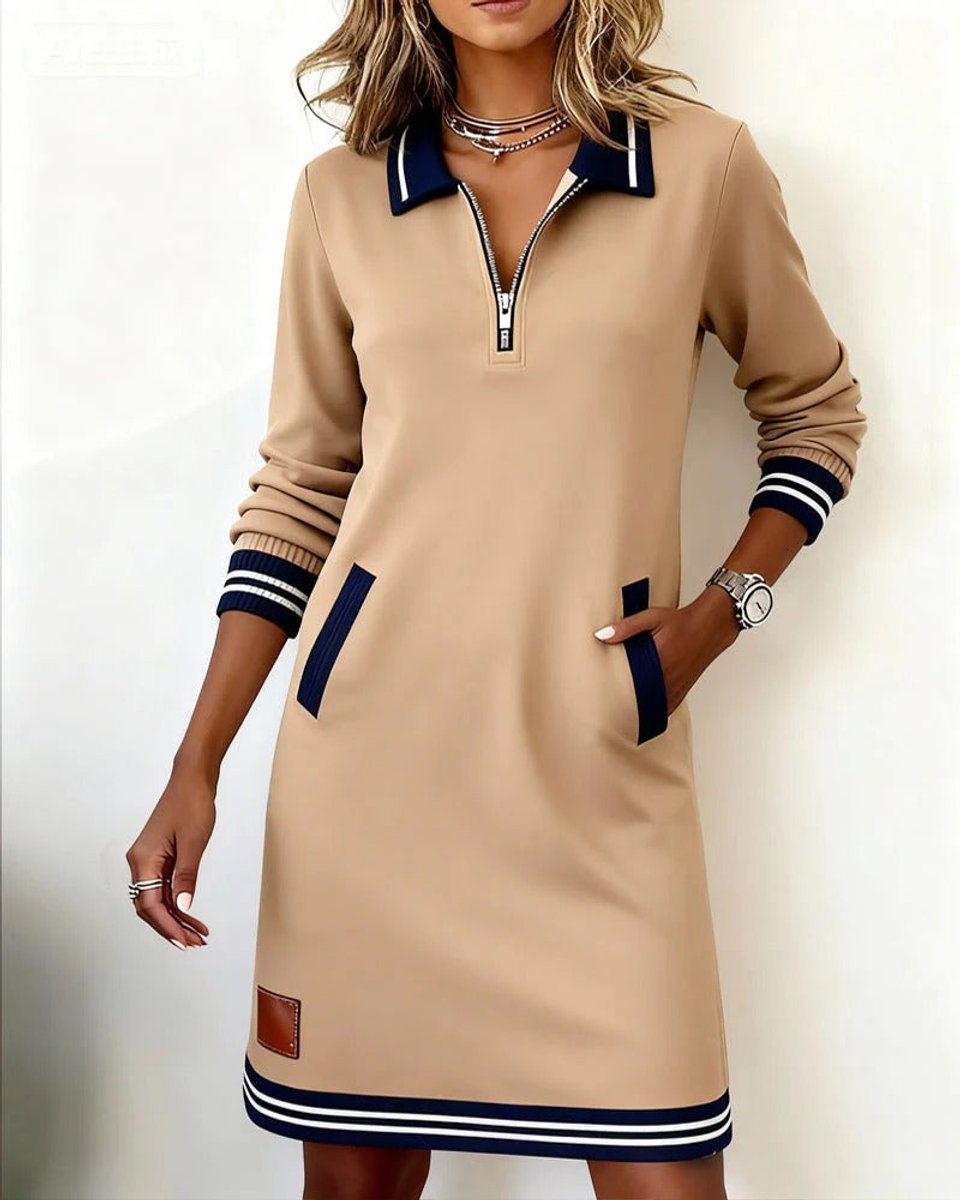 Women's Quarter-Zip Polo Sweater Midi Dress Long Sleeve