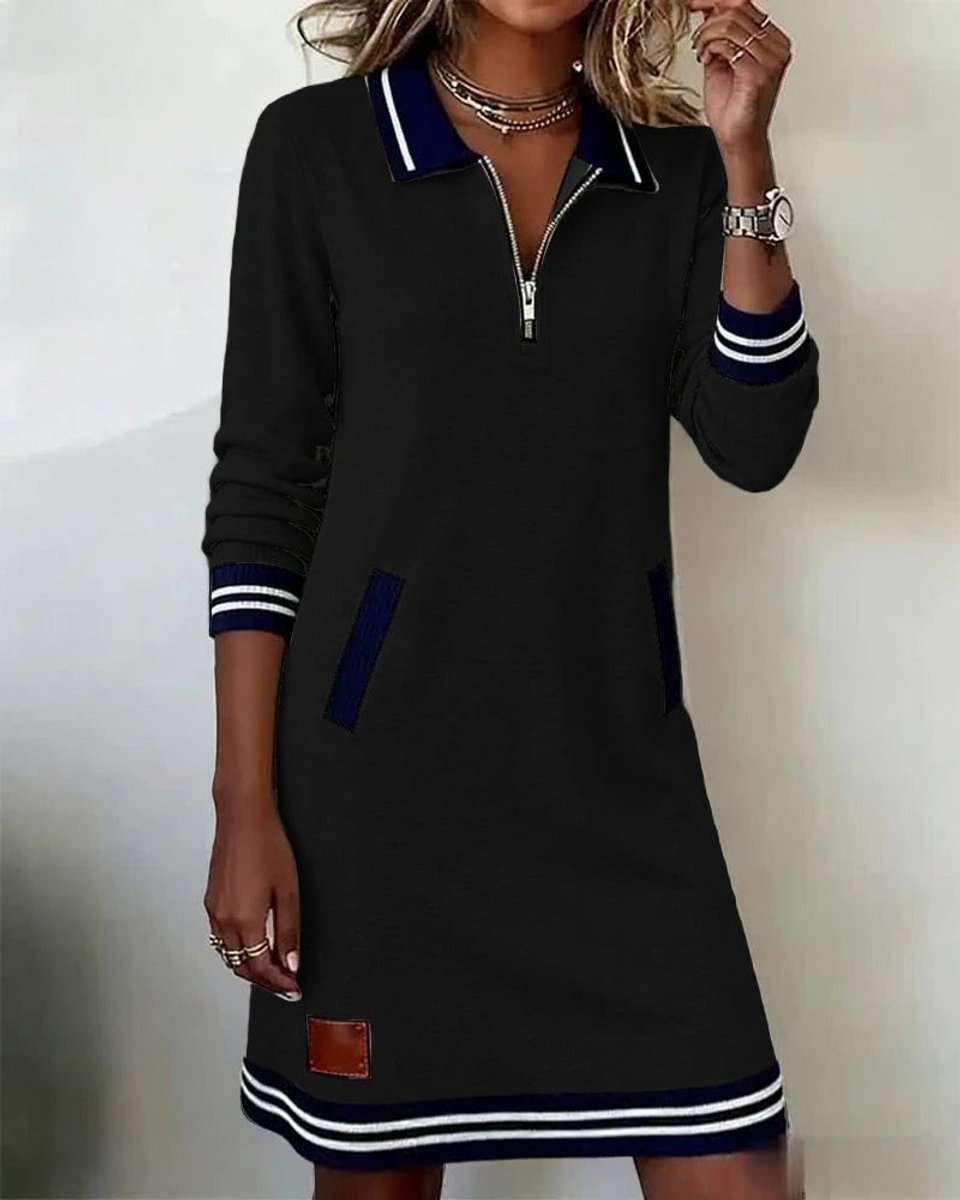Women's Quarter-Zip Polo Sweater Midi Dress Long Sleeve
