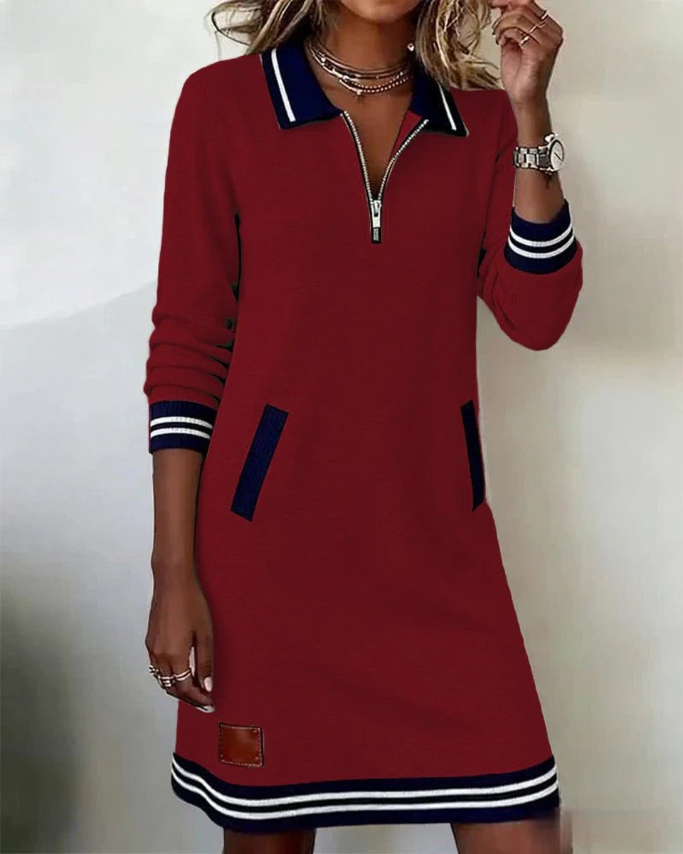 Women's Quarter-Zip Polo Sweater Midi Dress Long Sleeve