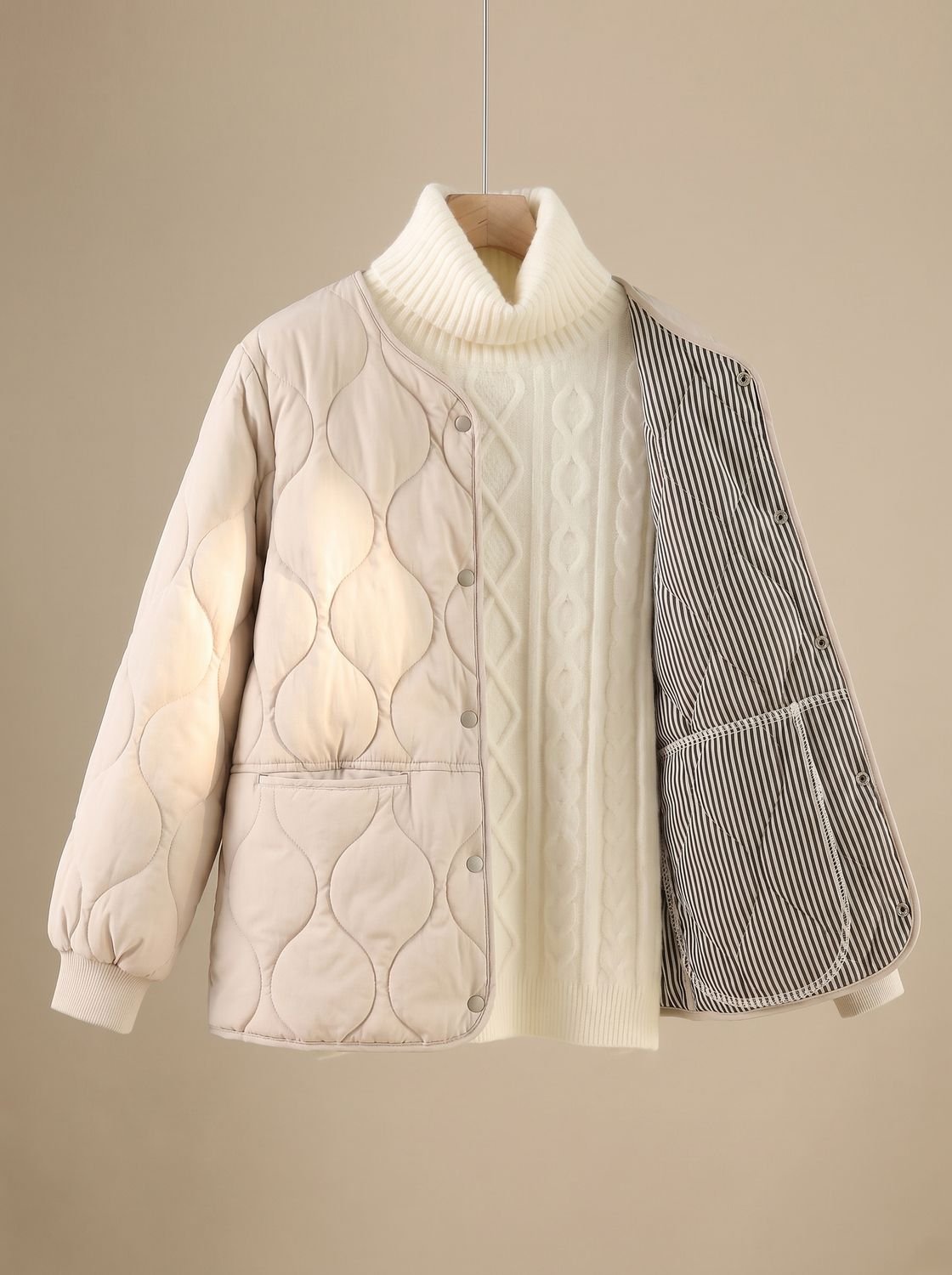 Women's Quilted Cotton-Padded V-Neck Snap-Button Jacket - Black
