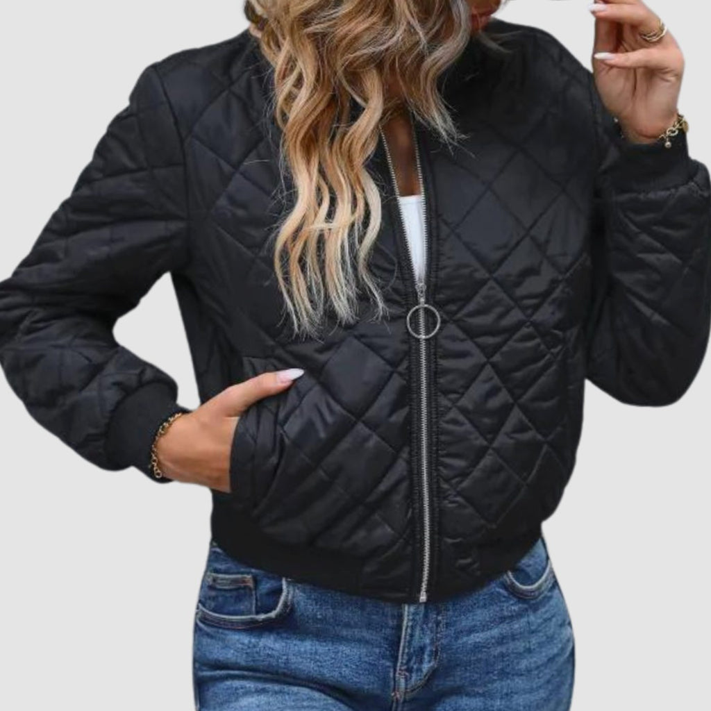 Women's Quilted Diamond-Stitch Cropped Zip-Up Bomber Jacket - Black