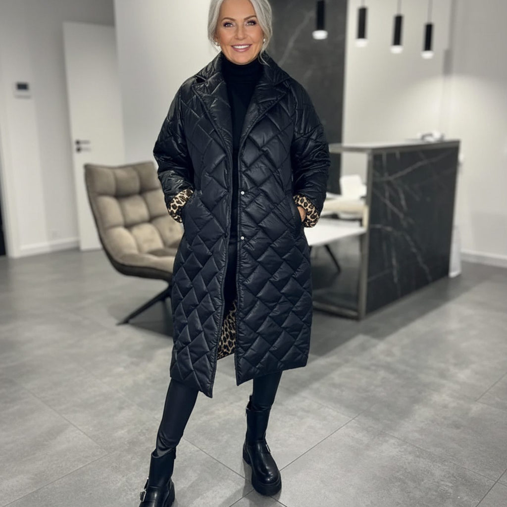 Women's Quilted Diamond-Stitch Midi Winter Coat - Black