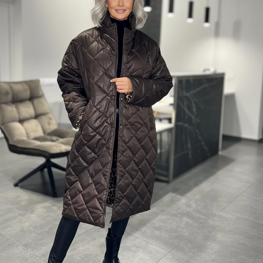 Women's Quilted Diamond-Stitch Midi Winter Coat - Brown