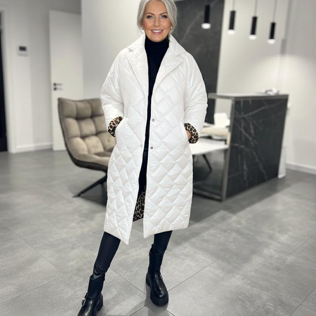 Women's Quilted Diamond-Stitch Midi Winter Coat - White
