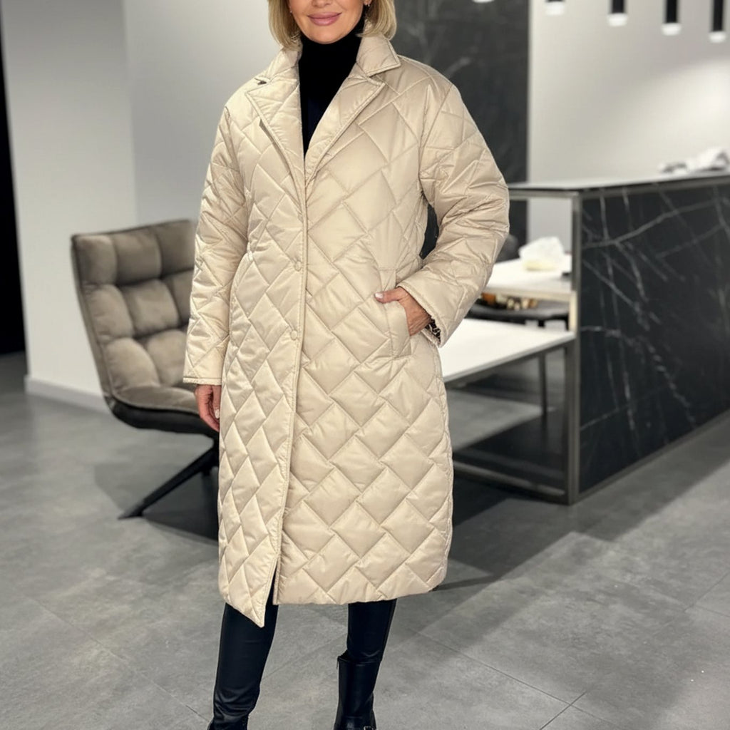 Women's Quilted Diamond-Stitch Midi Winter Coat - Beige