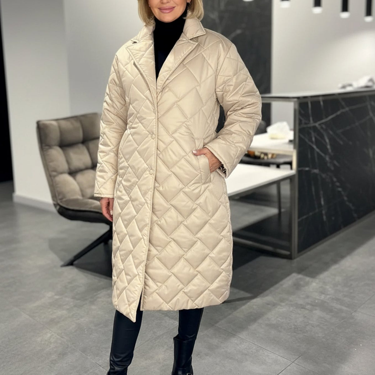 Women's Quilted Diamond-Stitch Midi Winter Coat - Beige