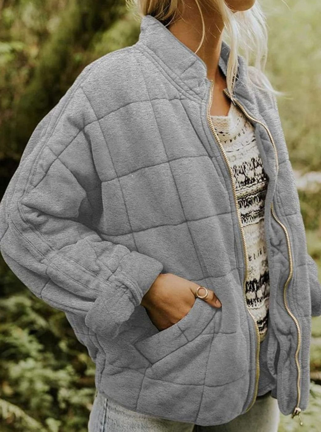 Women's Quilted Fashion Jacket Zip-Up Stand Collar - Gray
