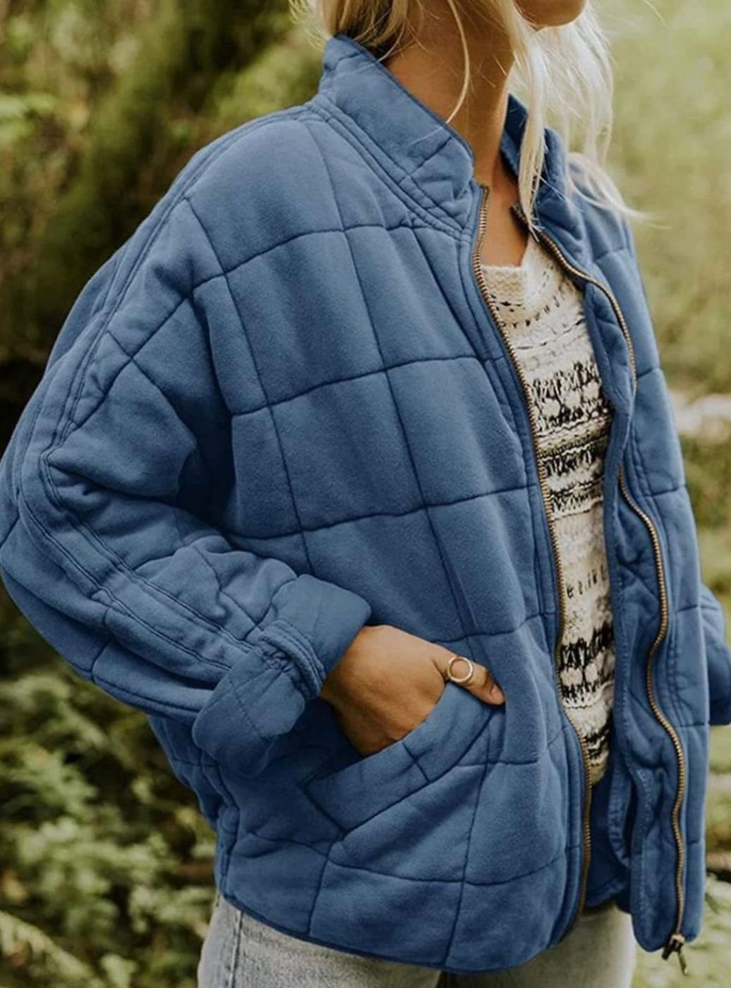 Women's Quilted Fashion Jacket Zip-Up Stand Collar - Blue