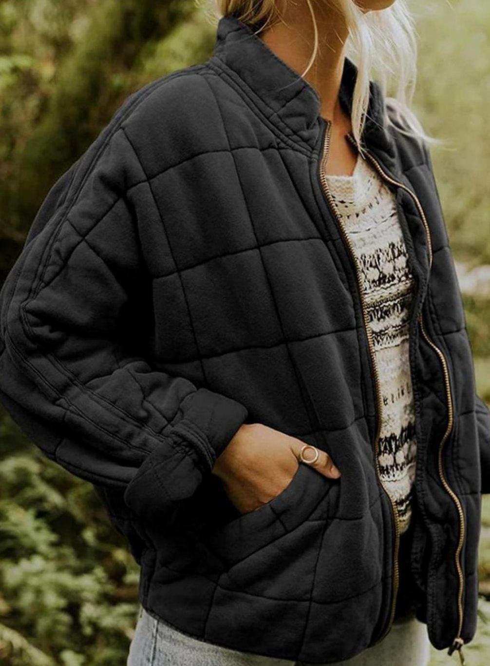 Women's Quilted Fashion Jacket Zip-Up Stand Collar - Black