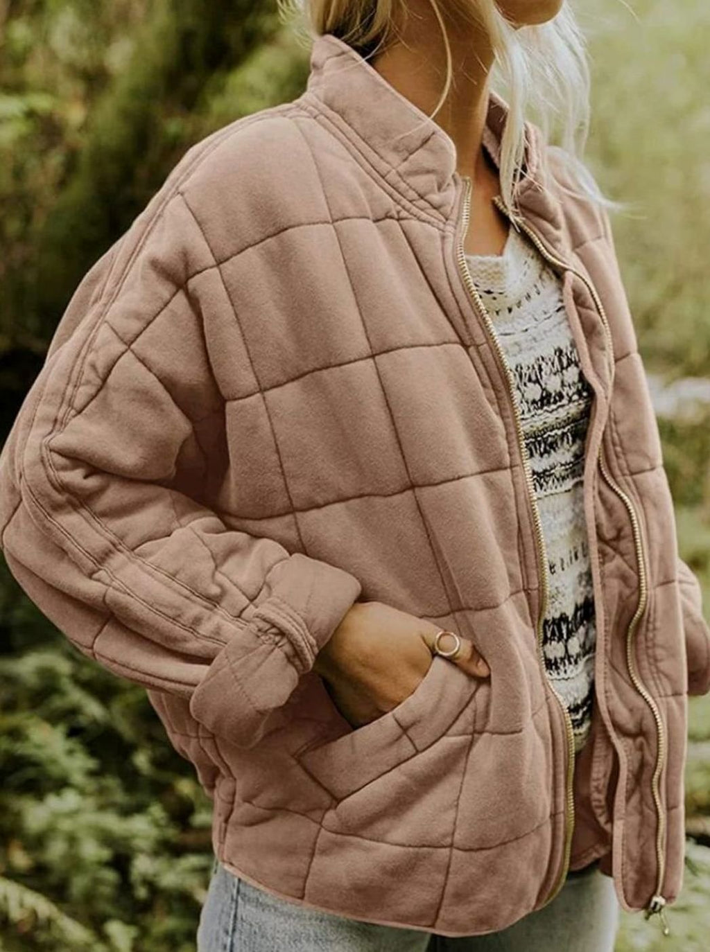 Women's Quilted Fashion Jacket Zip-Up Stand Collar - Pink
