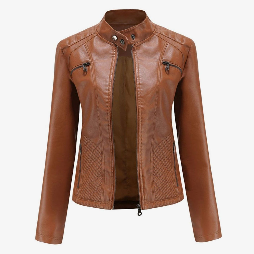 Women's Quilted Faux Leather Zip-Up Biker Jacket - Camel