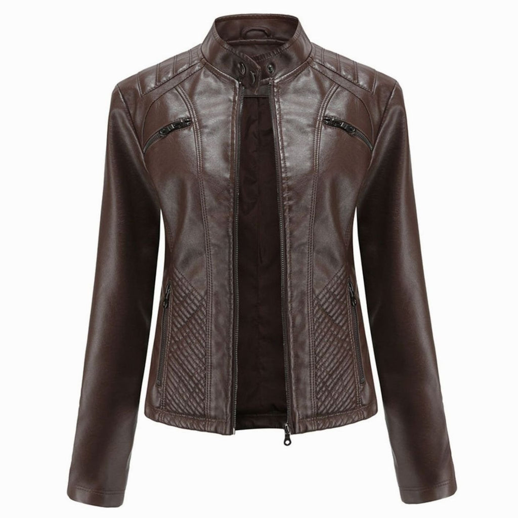Women's Quilted Faux Leather Zip-Up Biker Jacket - Coffee