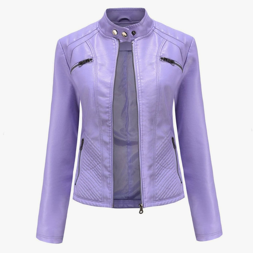 Women's Quilted Faux Leather Zip-Up Biker Jacket - Purple