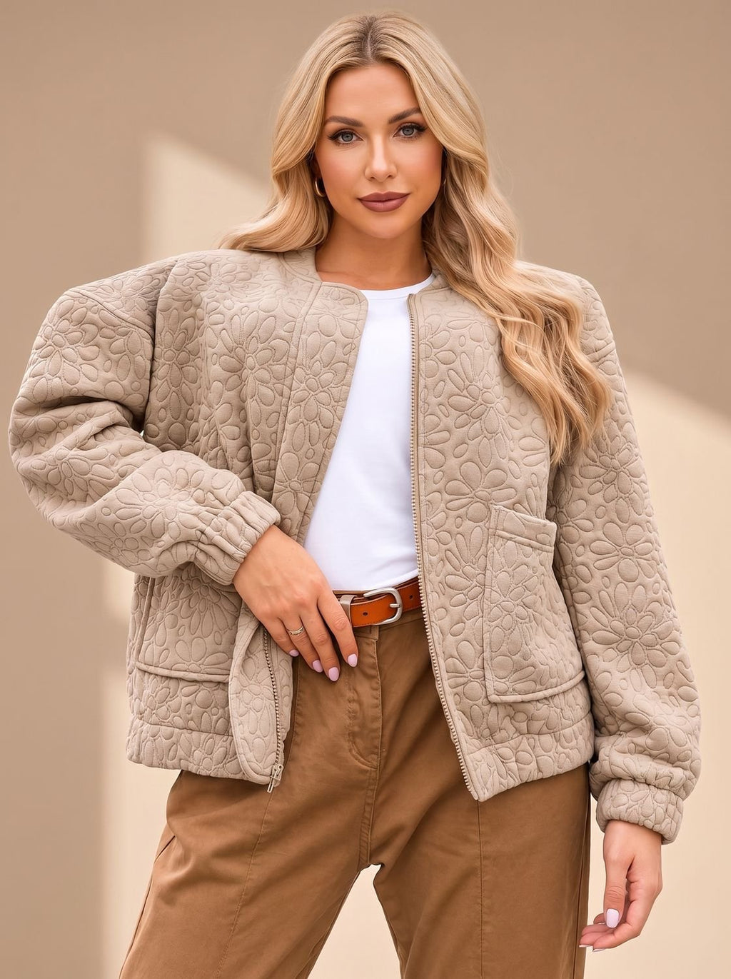 Women's Quilted Floral-Embossed Zip-Up Bomber Jacket - Beige