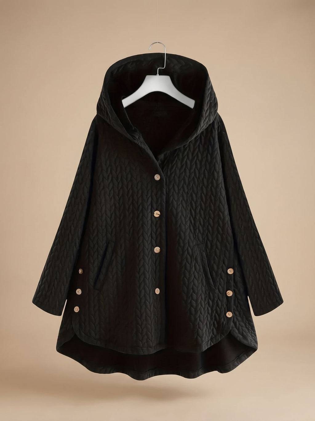 Women's Quilted Hooded Button-Front Asymmetric Coat - Black