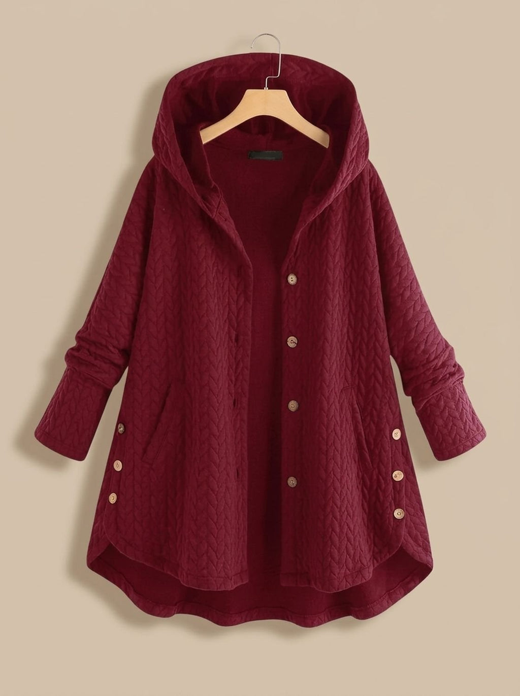 Women's Quilted Hooded Button-Front Asymmetric Coat - Red