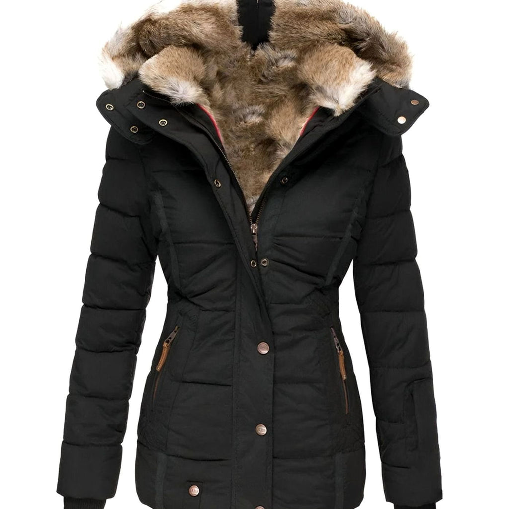 Women's Quilted Hooded Faux Fur Trim Puffer Jacket - Black