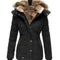 Women's Quilted Hooded Faux Fur Trim Puffer Jacket - Black