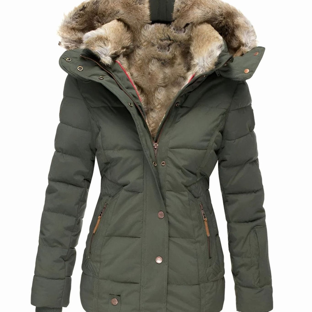 Women's Quilted Hooded Faux Fur Trim Puffer Jacket - Green