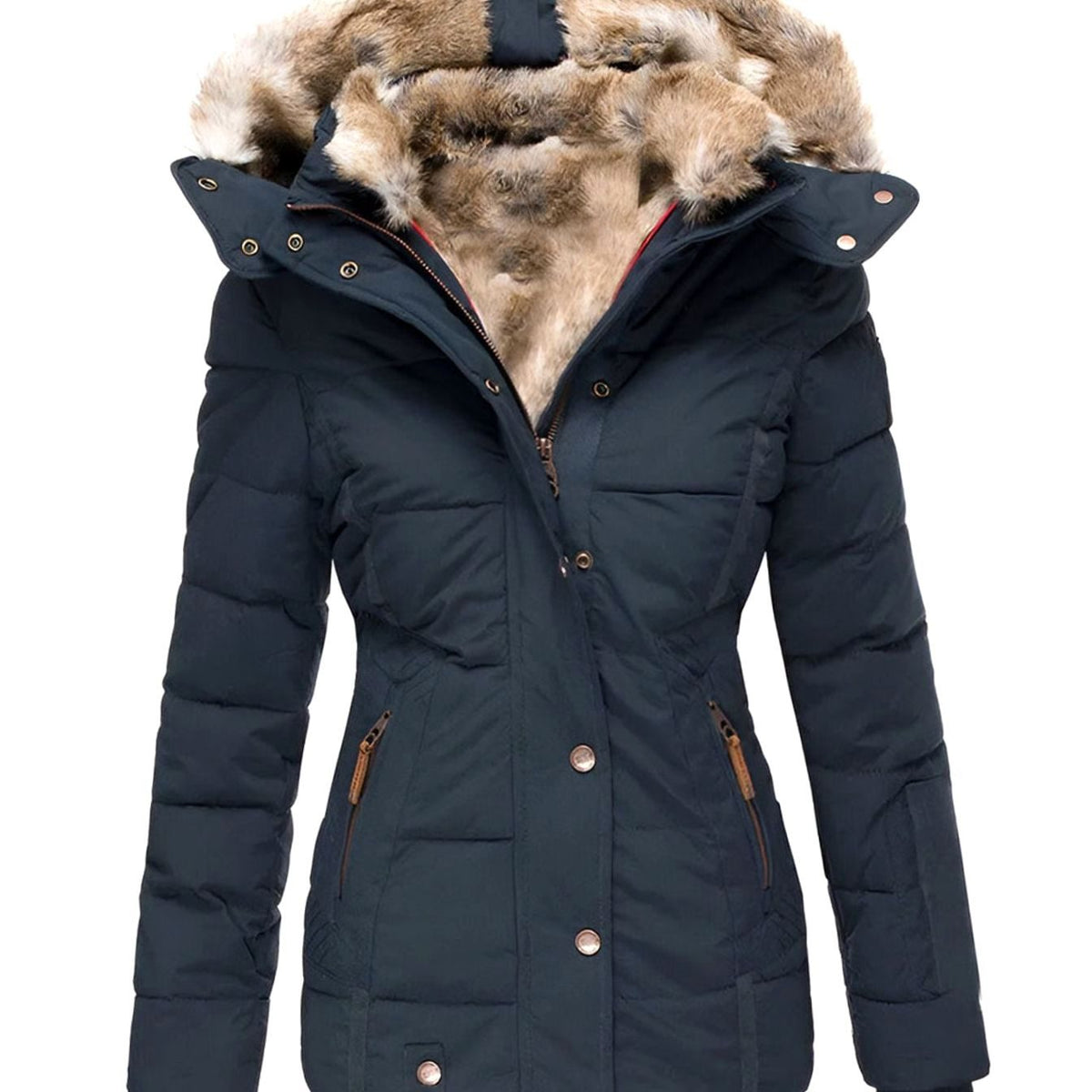 Women's Quilted Hooded Faux Fur Trim Puffer Jacket - Navy Blue