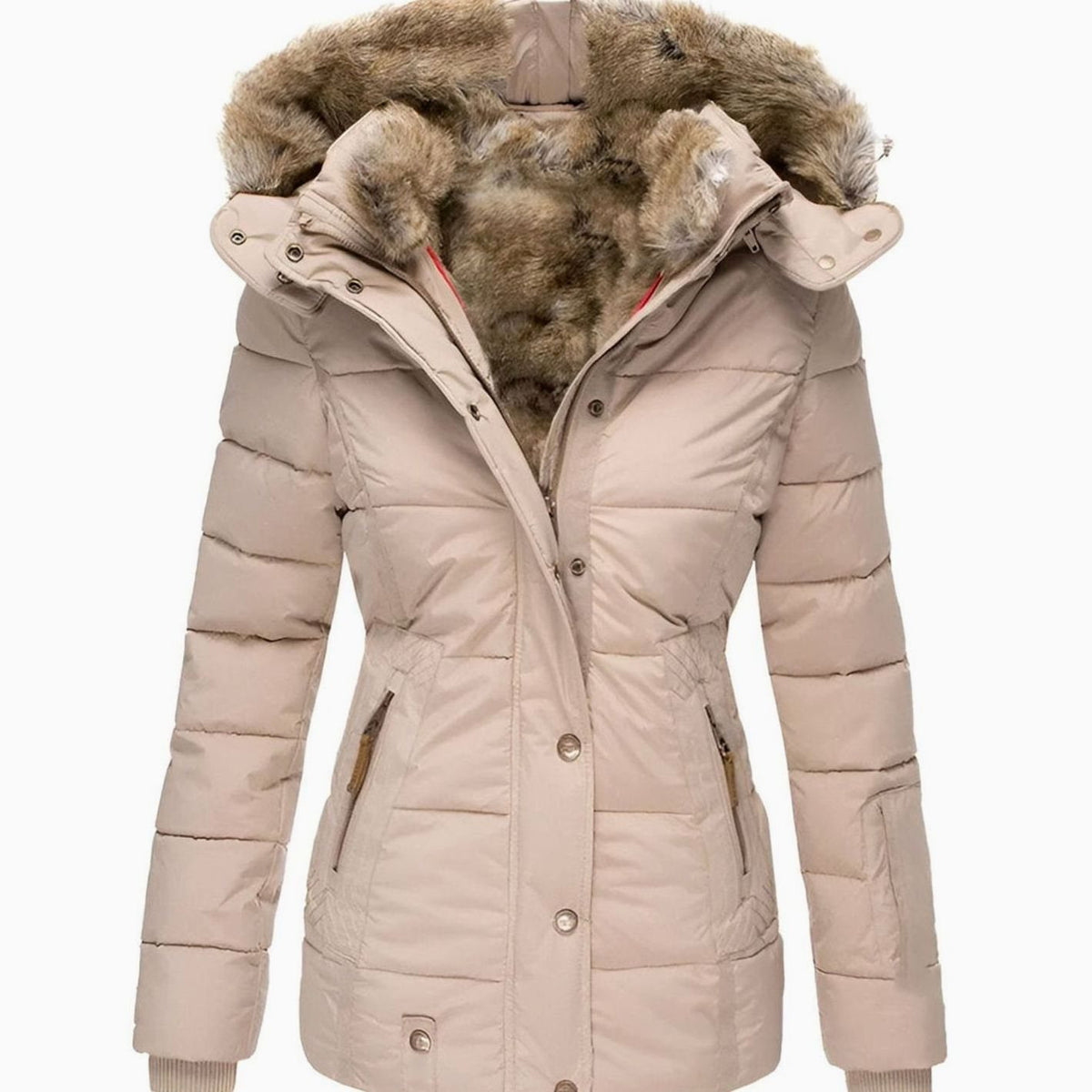 Women's Quilted Hooded Faux Fur Trim Puffer Jacket - Beige