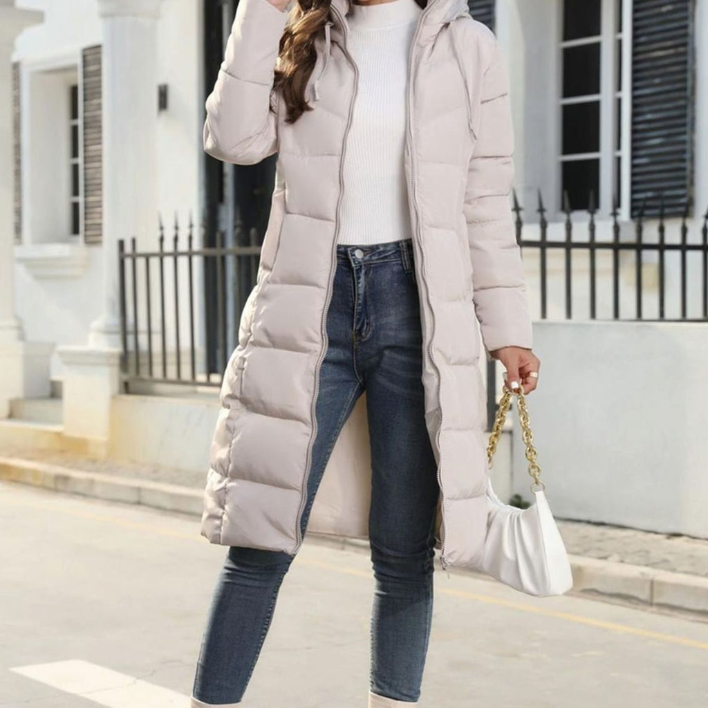 Women's Quilted Hooded Long Puffer Winter Coat Full-Zip - Beige