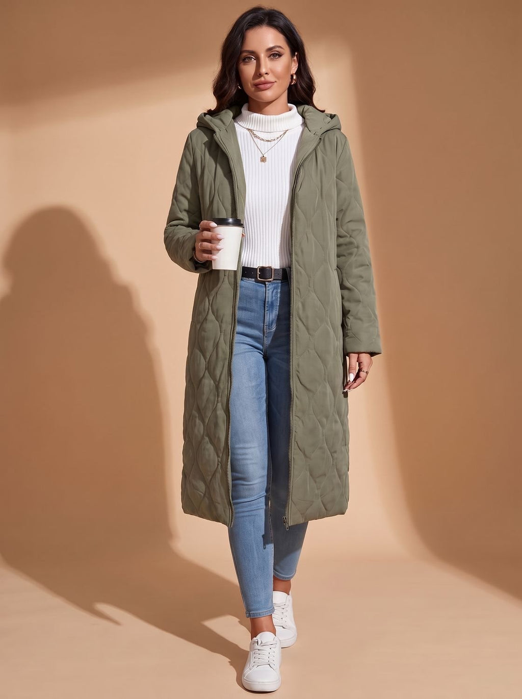 Women's Quilted Hooded Puffer Jacket Long Zip-Up Coat