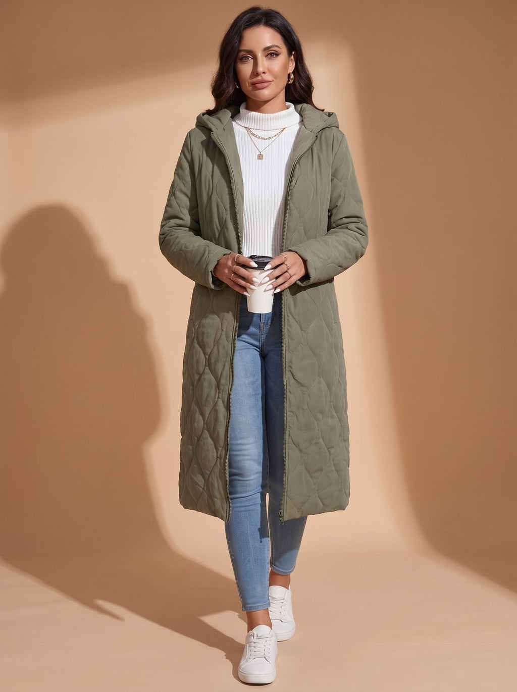 Women's Quilted Hooded Puffer Jacket Long Zip-Up Coat