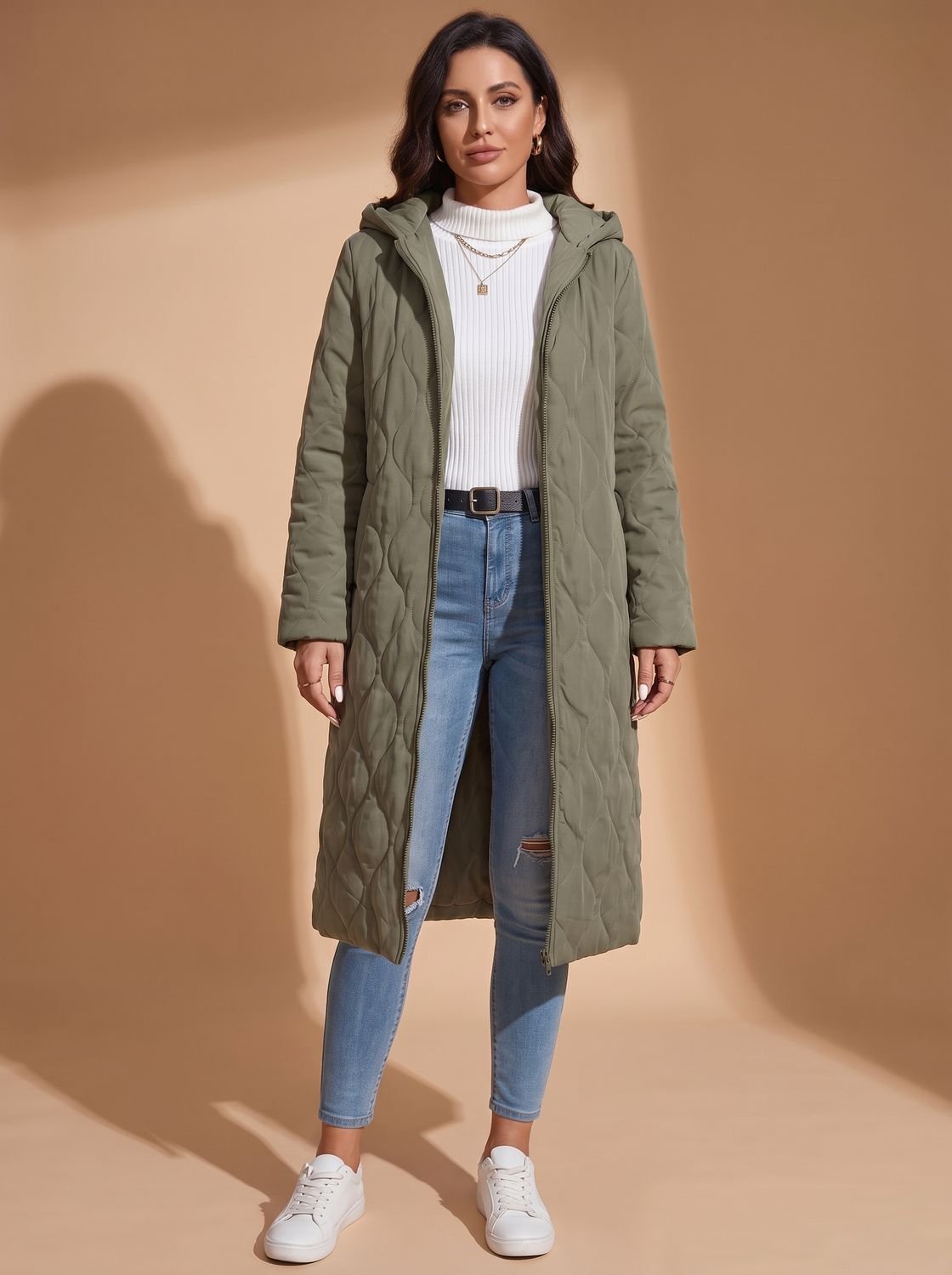 Women's Quilted Hooded Puffer Jacket Long Zip-Up Coat