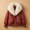 Women's Quilted Puffer Coat Faux Fur Oversized Statement Collar - Brown