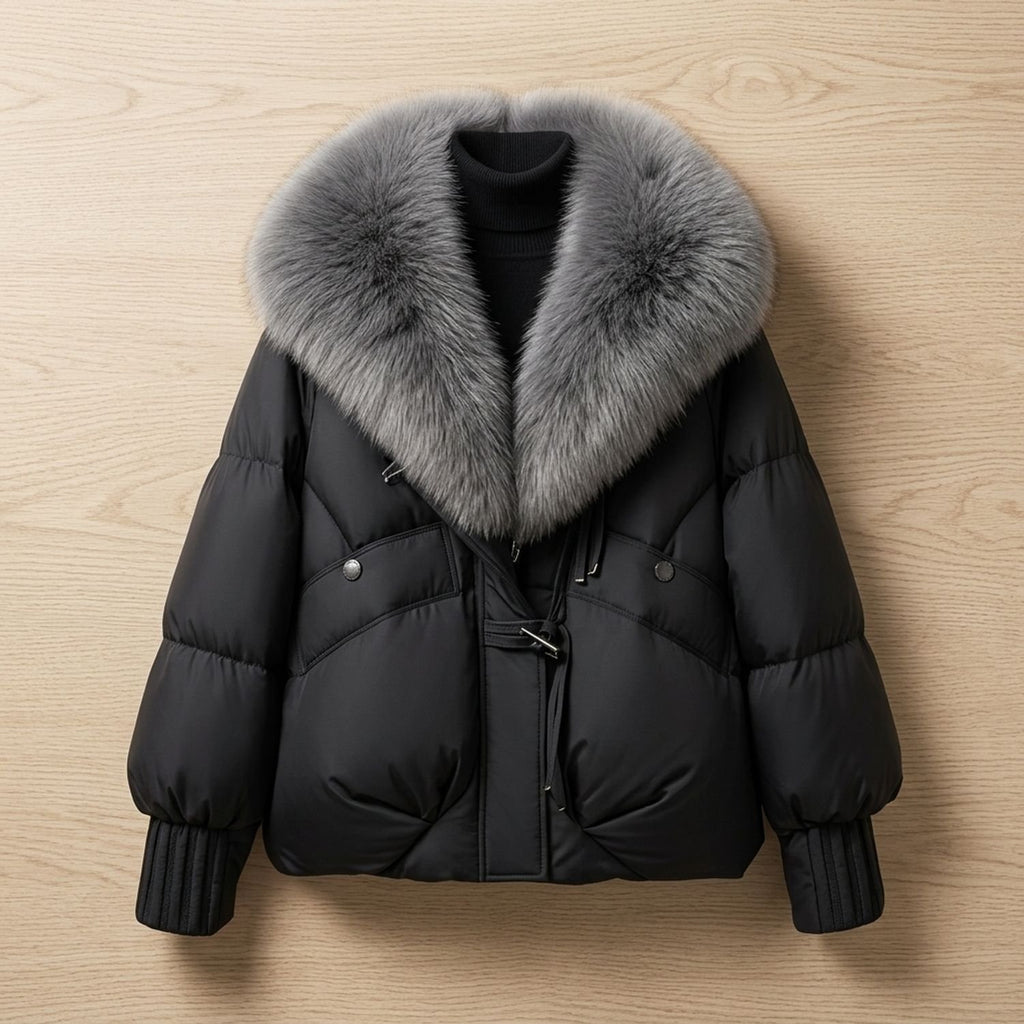 Women's Quilted Puffer Coat Faux Fur Oversized Statement Collar - Black