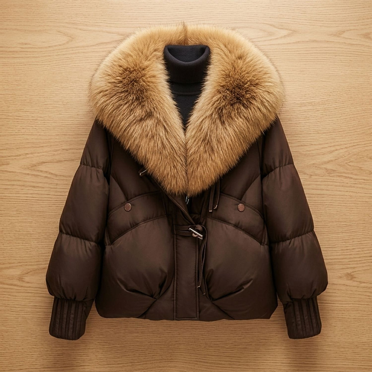 Women's Quilted Puffer Coat Faux Fur Oversized Statement Collar - Coffee Brown