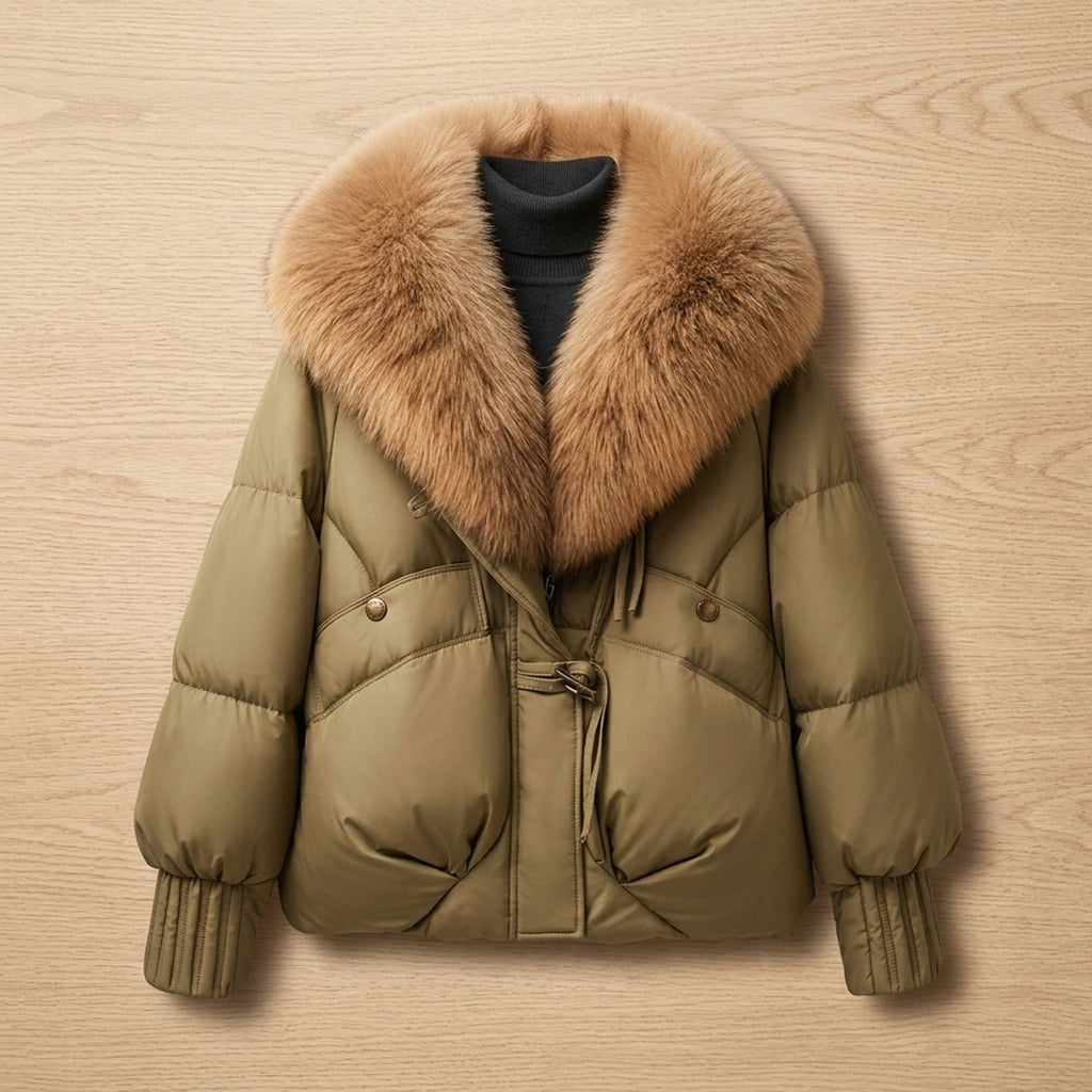 Women's Quilted Puffer Coat Faux Fur Oversized Statement Collar - Khaki