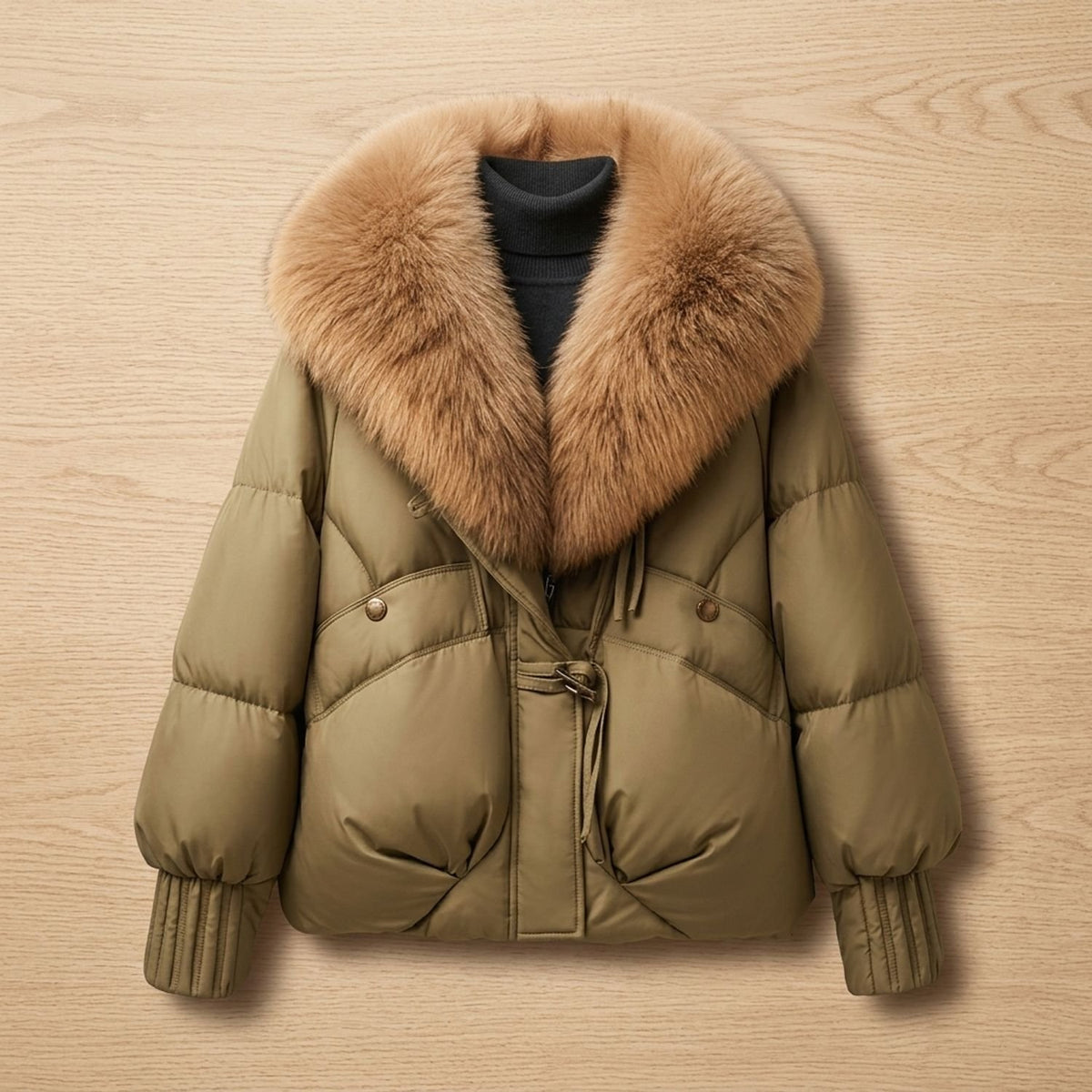 Women's Quilted Puffer Coat Faux Fur Oversized Statement Collar - Khaki