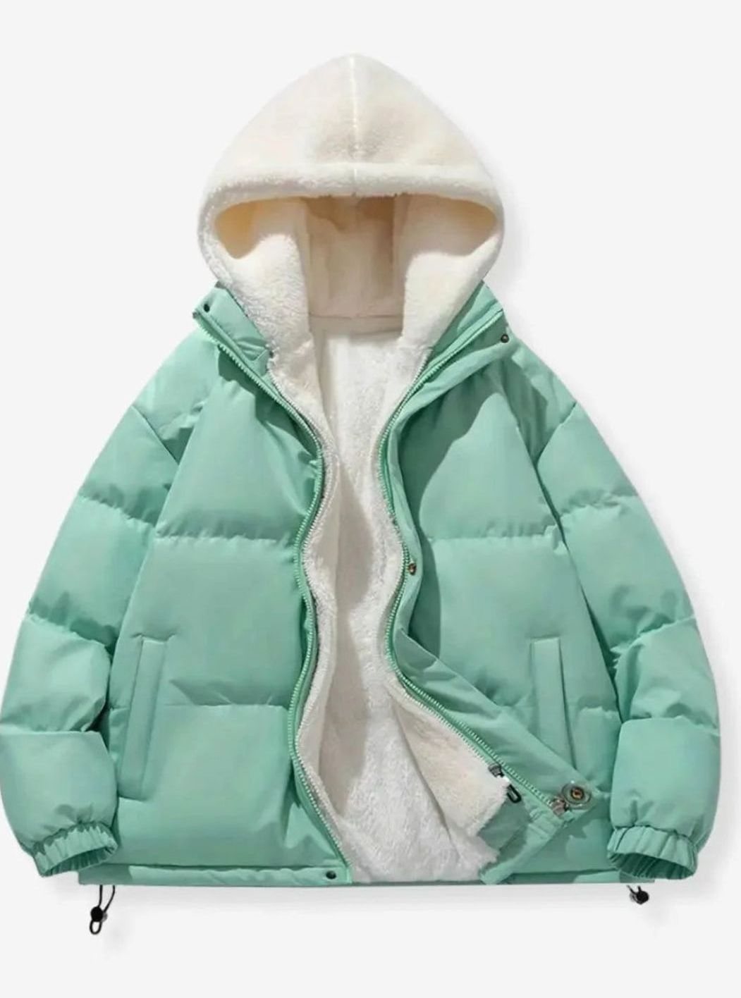 Women's Quilted Puffer Coat Hooded Sherpa-Lined Winter Jacket - Mint Green