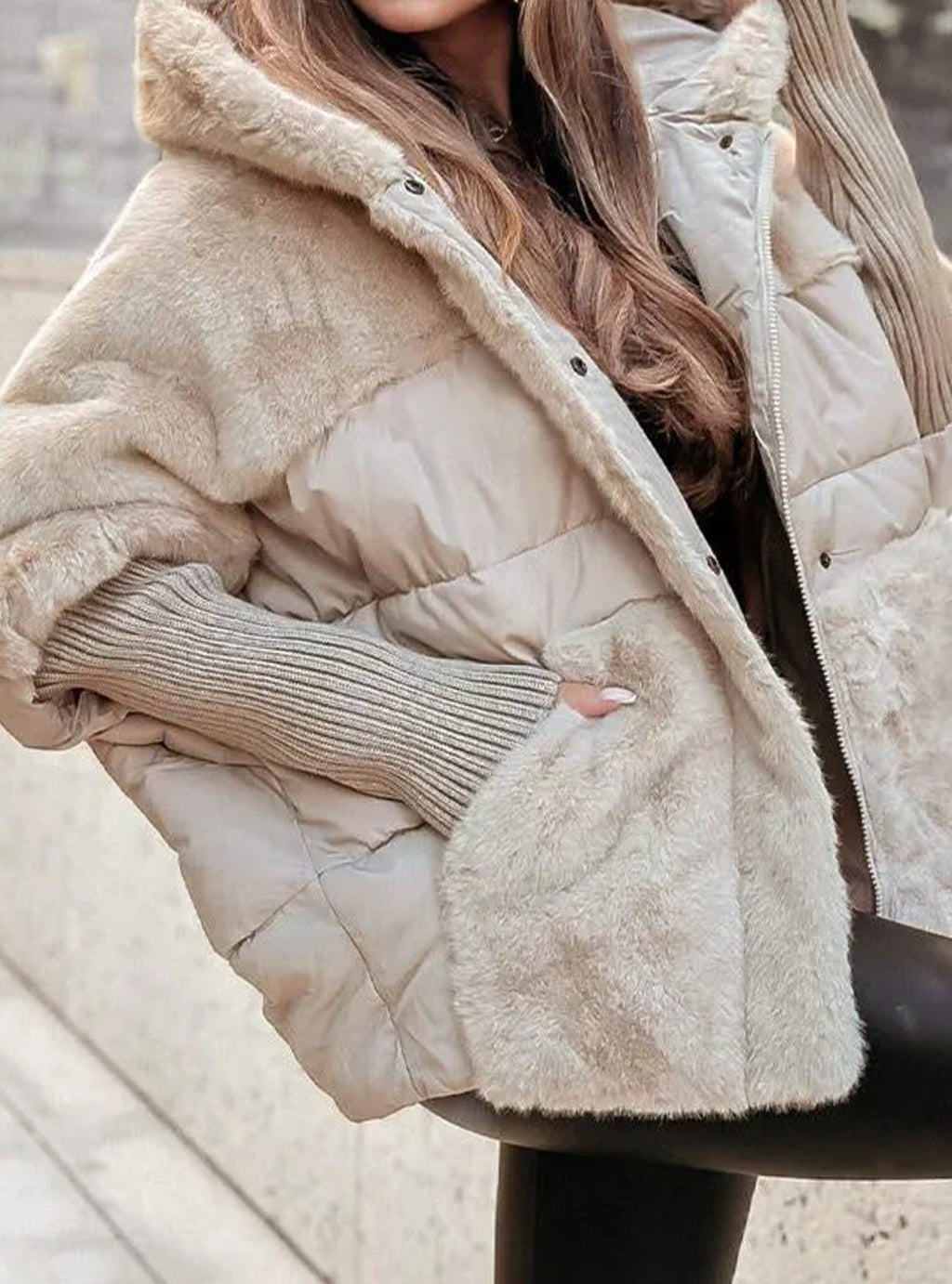 Women's Quilted Puffer Jacket Faux Fur Hood Ribbed Cuffs