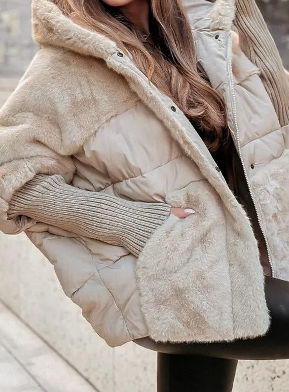 Women's Quilted Puffer Jacket Faux Fur Hood Ribbed Cuffs