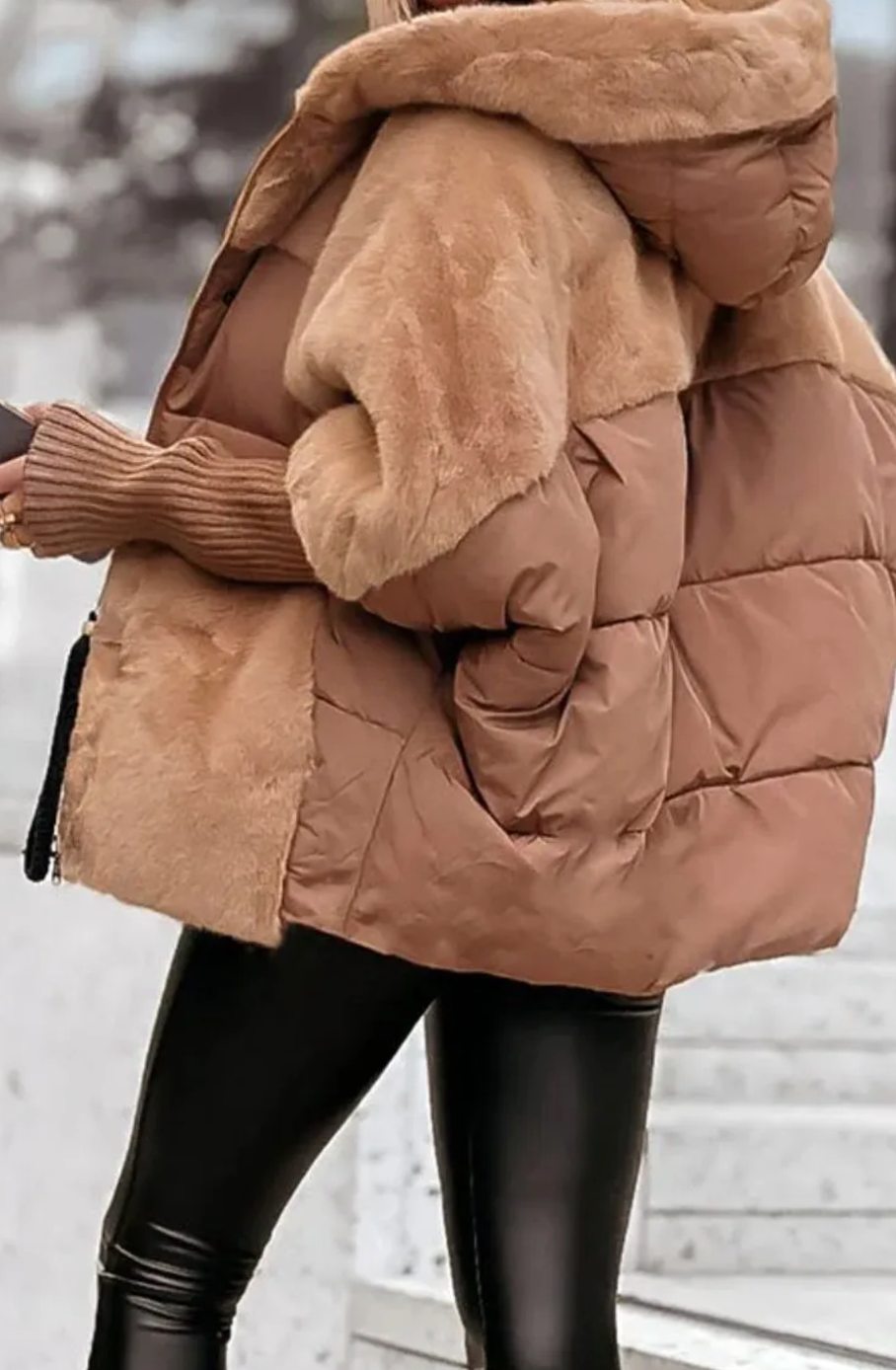 Women's Quilted Puffer Jacket Faux Fur Hood Ribbed Cuffs